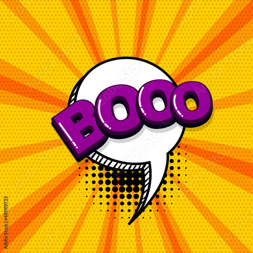 Boo scare halloween comic text sound effects pop art style. Vector speech bubble word and short phrase cartoon expression illustration. Comics book colored background template.