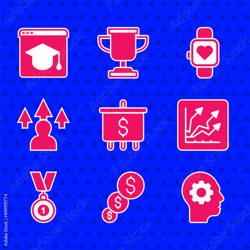 Set Target with dollar, Financial growth and, Human head gear inside, increase, Medal, Front end development, Smart watch and Online education icon. Vector