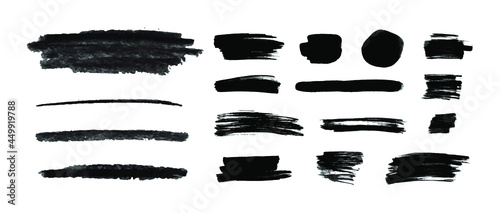 Vector Charcoal and Ink Black Strokes Set, Graphic Black Drawing, Design Elements Isolated on White Background. 
