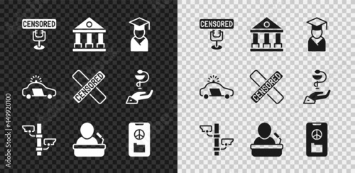 Set Censored stamp, Courthouse building, Graduate and graduation cap, Security camera, Speaker, Peace, Police car flasher and icon. Vector