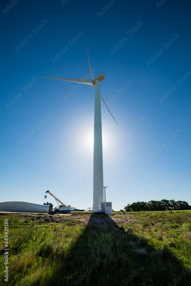 Large windmill in the foreground and some cranes assembling a second windmill in the background. Tararias, Uruguay