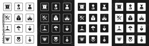 Set Krampus, heck, Donation for church, Crusade, Flag with christian cross, Church building, Jesus Christ, Religious heart and Grave icon. Vector