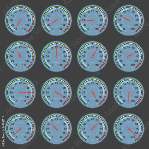 A set of dials with temperature readings from 0 to 110. Individual hand for each temperature indicator. Digital and temperature scale from green to red. Vector illustration of a round thermometer.
