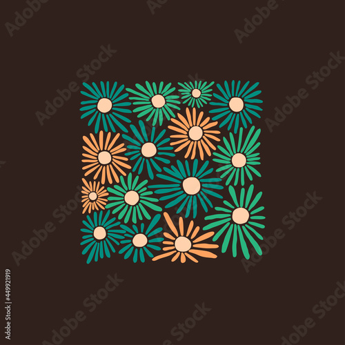 Various Flowers, leaves. Abstract blossom, bloom. Hand drawn trendy Vector illustration. Floral design, Naive art. Colorful square Pattern. Poster, print template. Isolated on dark background