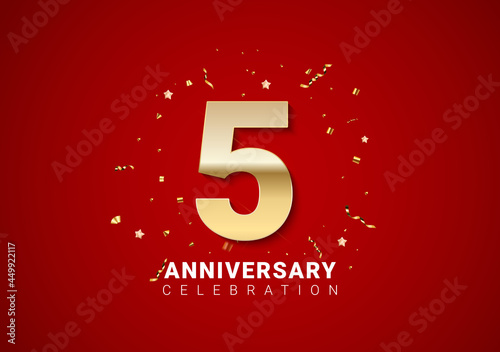 5 anniversary background with golden numbers, confetti, stars on bright red h...