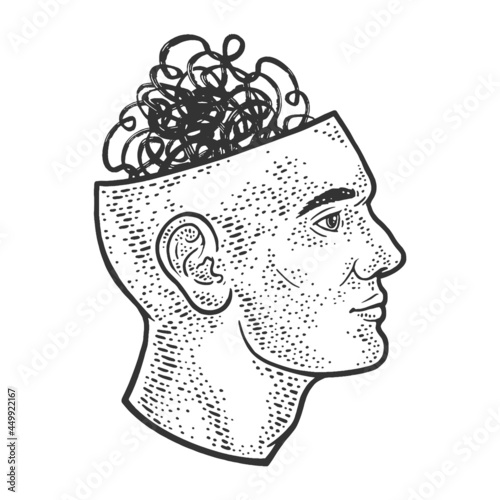Confused thoughts in head abstract line art sketch engraving vector illustration. T-shirt apparel print design. Scratch board imitation. Black and white hand drawn image.