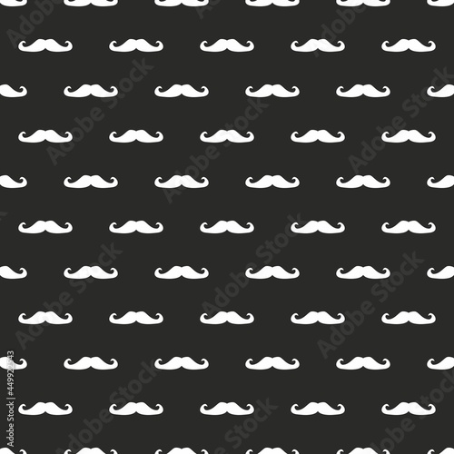 Seamless vector pattern, background or texture with white curly vintage retro gentleman mustaches on black background