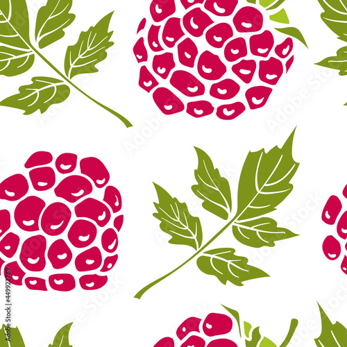 Seamless pattern with raspberry. Colorful paper cut collection of wild and garden berries and leaves in  style isolated on white background. Doodle hand drawn vector illustration