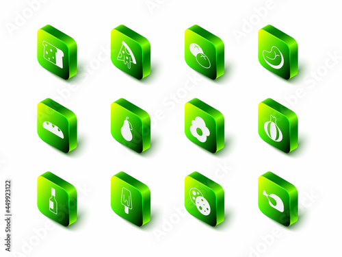 Set Slice of pizza, Bread loaf, Steak meat, Onion, Roasted turkey or chicken, Scrambled egg, Cookie with chocolate and Ice cream icon. Vector