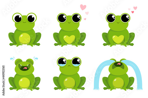 Set funny frogs with different emotions: laughs, cries, loves. Isolated on white background. Vector illustration.