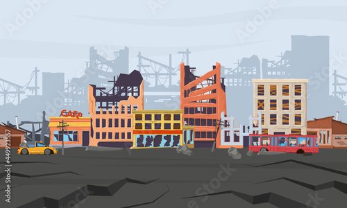 Ruined abandoned broken natural disasters district panorama. Earthquake disaster destroyed houses and city buildings vector illustration. Cataclysm destroyed street view