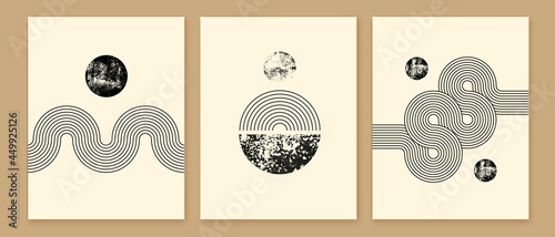 Simple geometric shapes. Boho line arch, textured circle, sun, moon, rainbow.