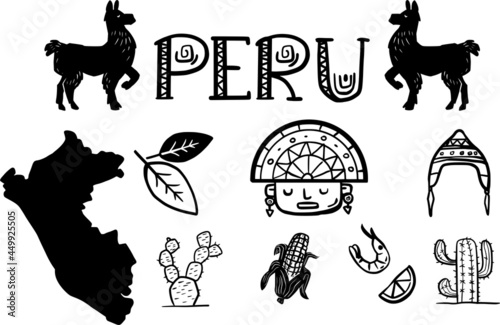 Peru icons collection. Andean culture items, food and map. south america