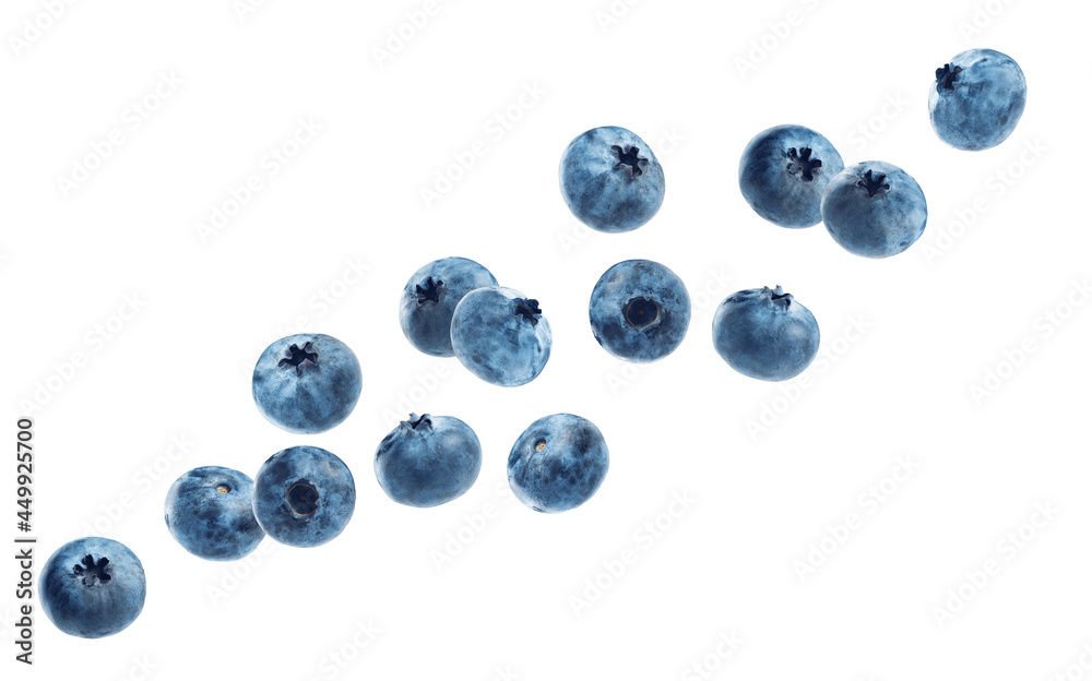a lot of ripe blueberries on a white background