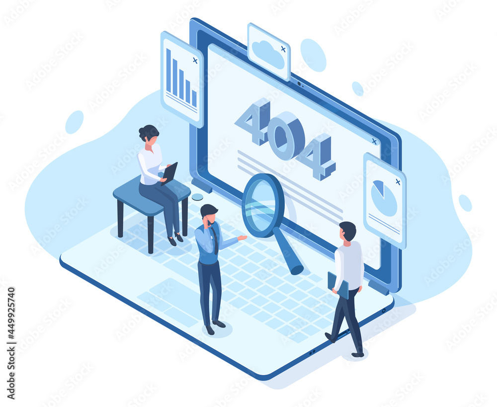 Isometric error lost 404 page network user people concept. Lost network website page, error not available webpage vector illustration. Not found 404 internet page