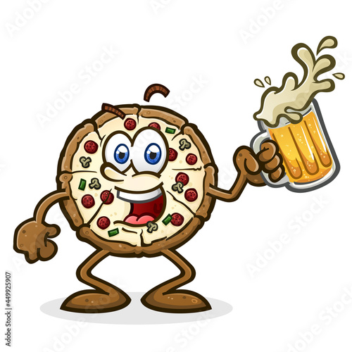 A delicious, hot pizza pie with a smiling face and excited attitude holding a cold, frothy mug of refreshing beer and ready to party