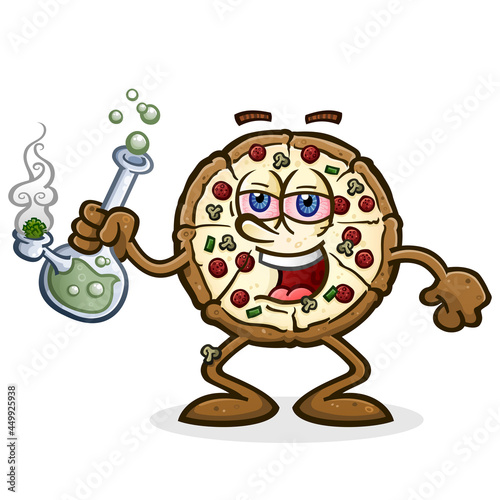 A stoned pizza cartoon character puffing marijuana smoke from a big glass water bong, getting high and bringing on a major case of the munchies photo