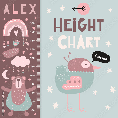 Kids height measure with cute forest animals. Heights for school, kindergarten, nursery design. Vector illustration. Bear, rainbow and bird.