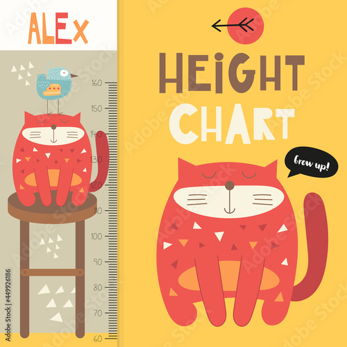 Kids height chart with cute red cat. Heights for school, kindergarten, nursery design. Vector illustration. Funny pets.