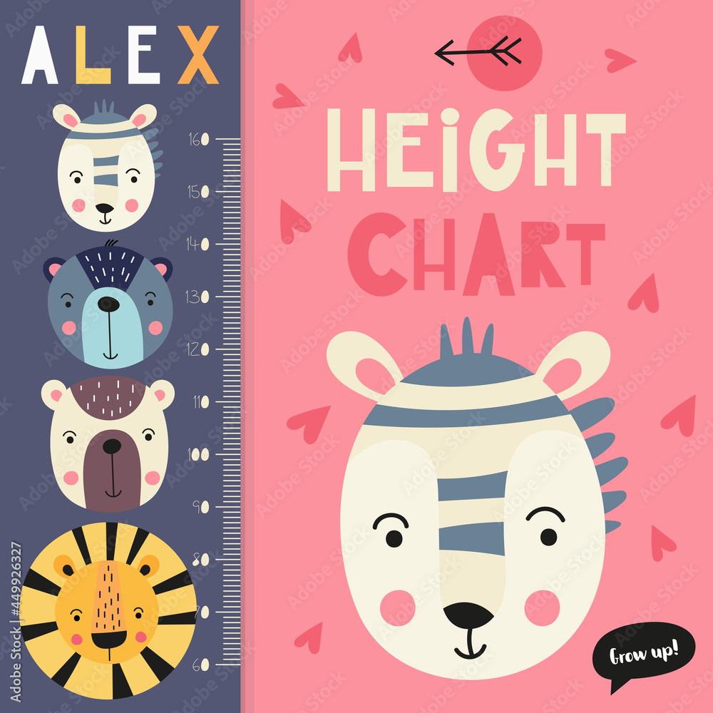 Kids height chart with cute safari animals. Heights for school, kindergarten, nursery design