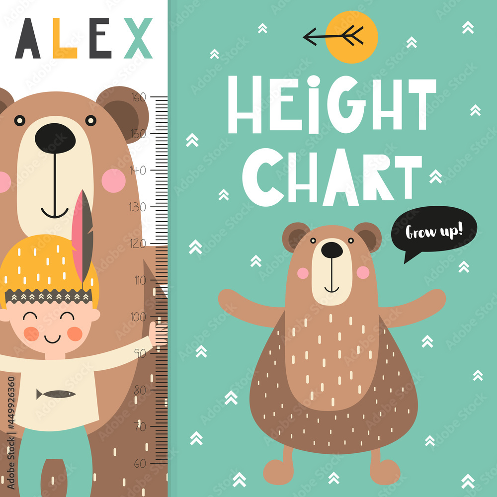 Kids height chart with cute woodland characters. Heights for school