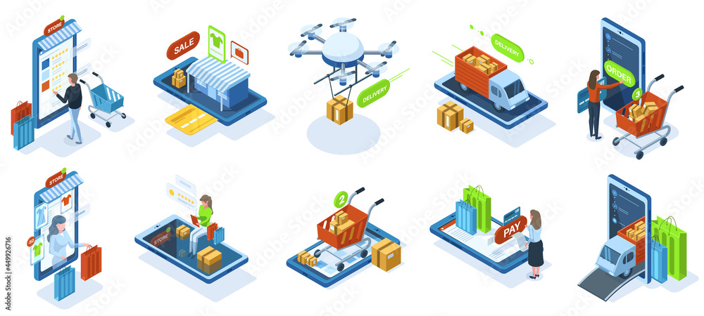 Isometric online shopping, e-shop purchasing payment. Online shops marketplace customers, e-shop payment technology vector illustration set. E-commerce purchasing characters