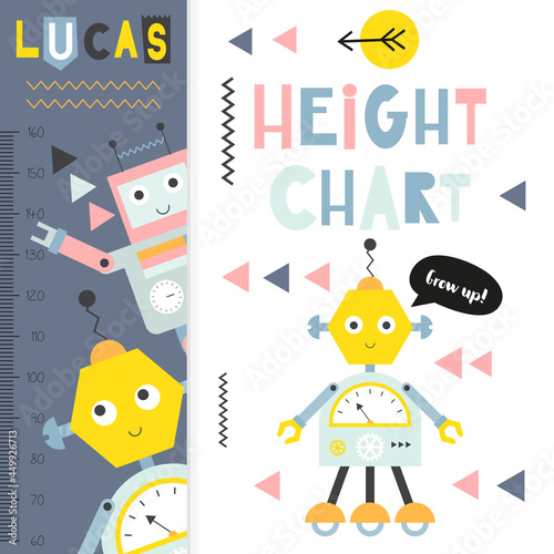 Kids height ruler with cute retro robot. Heights for school, kindergarten, nursery design. Vector illustration.
