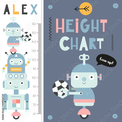 Kids height measure with cute retro robot. Heights for school, kindergarten, nursery design. Vector illustration.