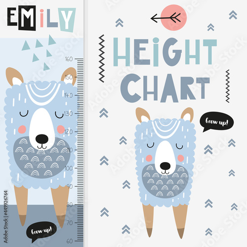 Kids height chart with cute forest llama. Heights for school, kindergarten, nursery design. Vector illustration.
