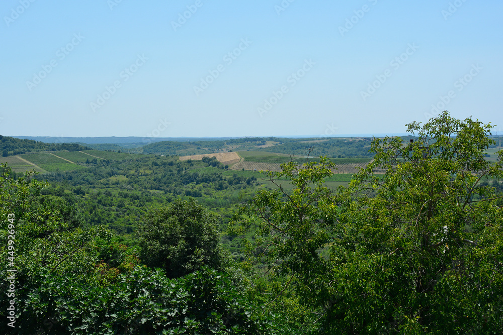 The view of the surrounding summer landscape from the historic medieval hill village of Buje in Istria, Croatia
