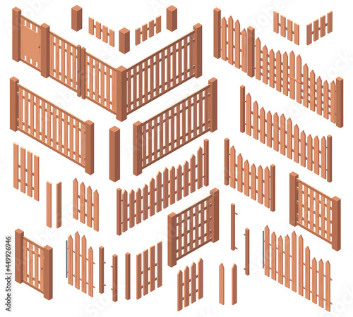 Isometric wooden garden farm rough fences. Courtyard wooden boards gates fencing, wooden 3d palisade fences vector illustration set. Farm wooden fencing