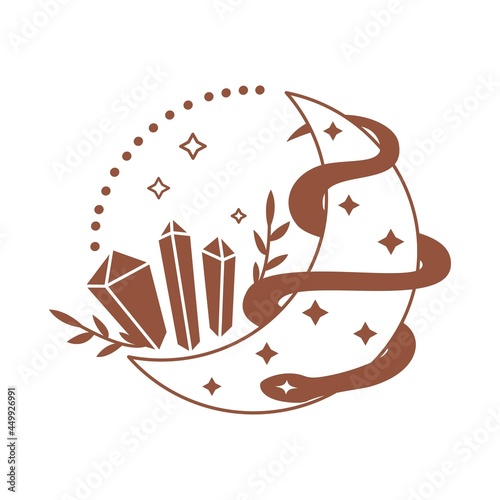 Magic boho crescent moon with crystal, snake, star isolated on white background. Celestial vector flat illustration. Mystical design for tattoo, card, web stories