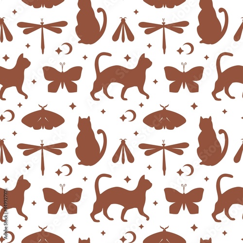 Ethnic mystical seamless pattern with magic cat, butterfly, moon, star on beige background. Flat vector illustration. Design for wallpaper, wrapping, textile