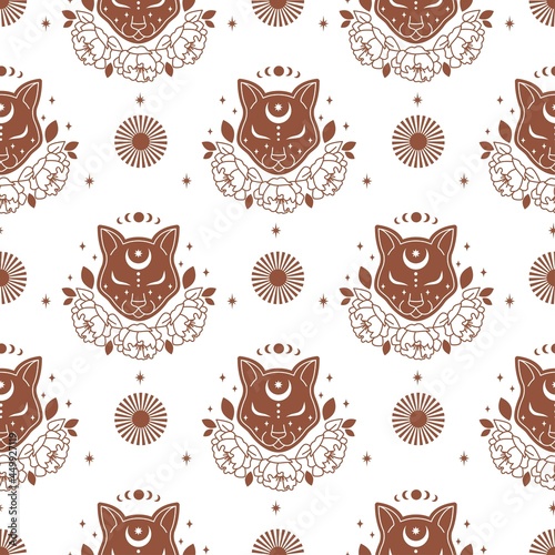 Magical esoteric boho seamless pattern with cat, flower, star, moon, leaf, sun. Mystic vector flat illustration. Design for fabric, packaging, astrology, phone case, wrapping, background