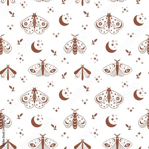 Magical esoteric boho seamless pattern with star, moon, leaf, butterfly isolated on white background. Mystic vector flat illustration. Design for fabric, packaging, astrology, phone case, wrapping