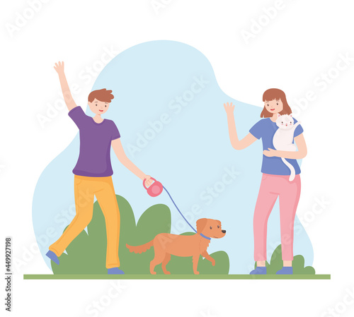 couple walking with pets