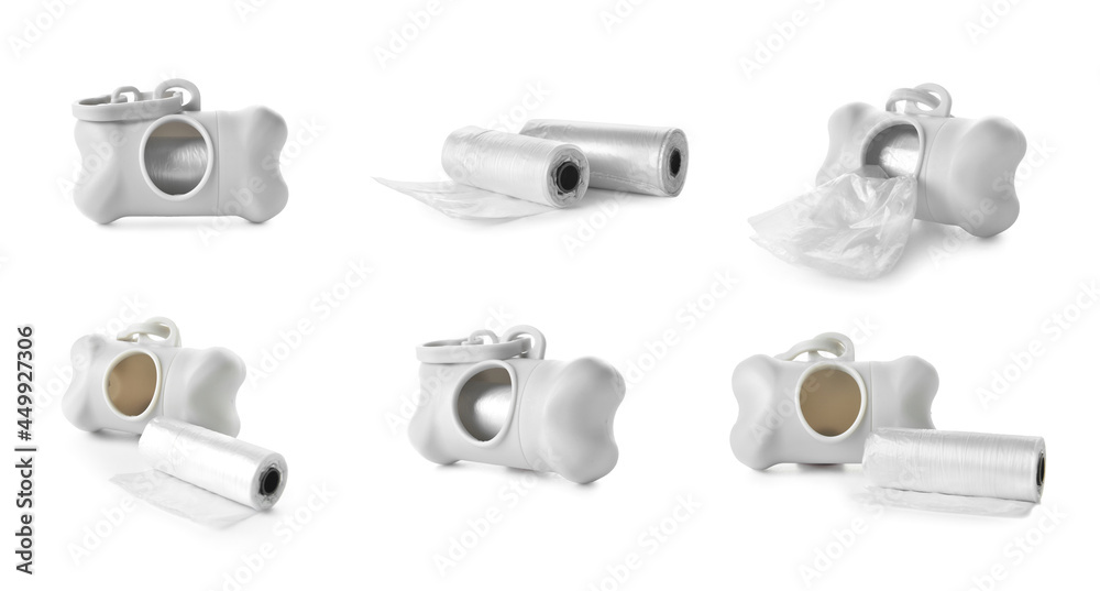Dispensers with pet waste bags on white background Dispensers with pet waste bags on white background