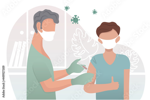 Male Nurse men vaccinating people. COVID-19 Vaccination concept for immunity healthHealthcare, coronavirus, prevention and immunize. Colored flat vector illustration isolated on white background
