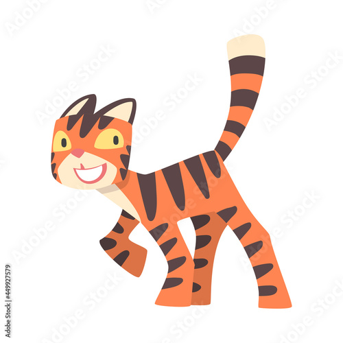 Tiger Character with Orange Fur and Black Stripes Walking and Smiling Vector Illustration