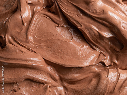 Chocolate flavour gelato - full frame detail. Close up of a brown surface texture of chocolate Ice cream.