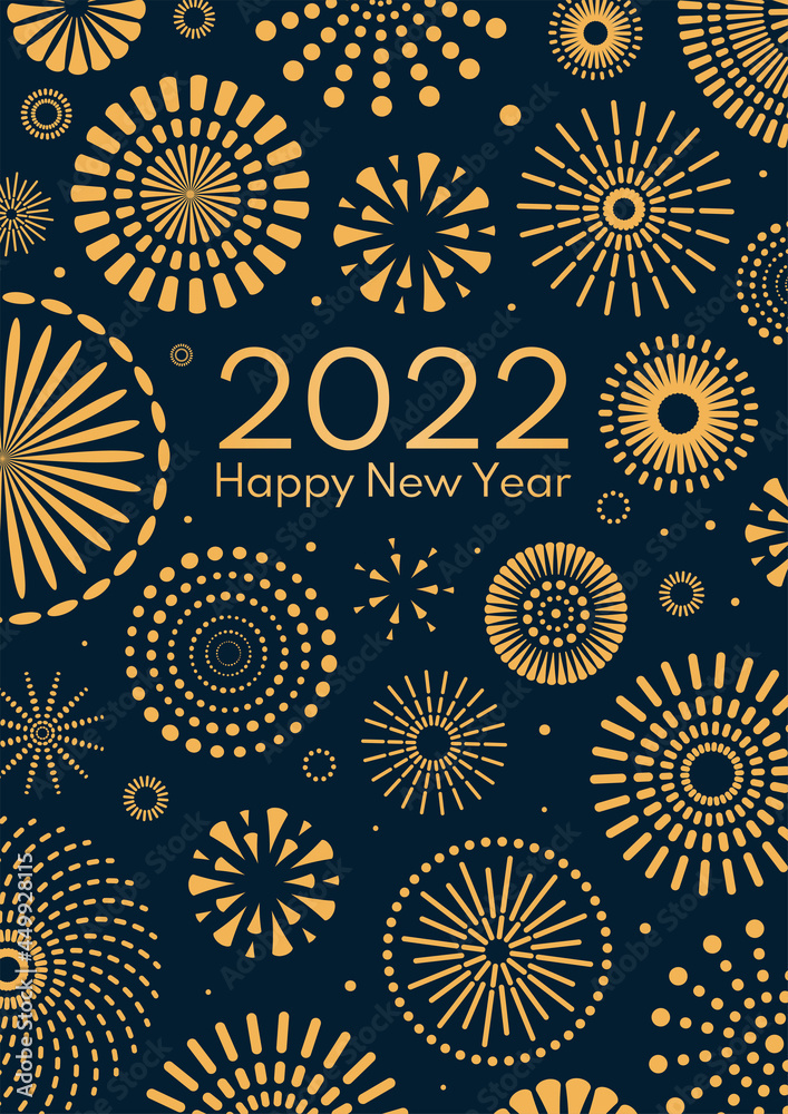 Golden fireworks 2022 Happy New Year, bright on dark background, with text. Flat style vector illustration. Abstract geometric design. Concept for holiday greeting card, poster, banner, flyer.