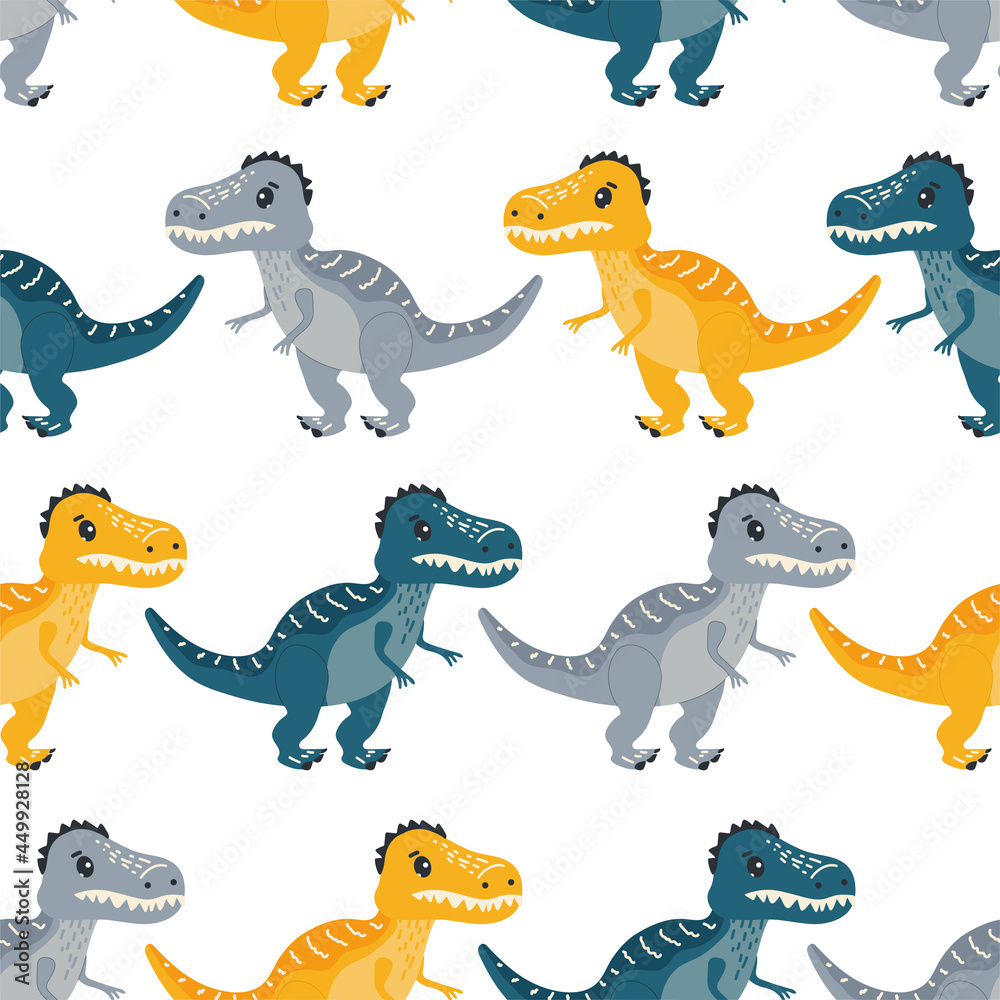 Cute dinosaurs seamless pattern. Vector dinosaurs isolated on white background in simple childish hand-drawn style in trendy colors. Design for children's clothing, textiles, fabrics, bed linen.