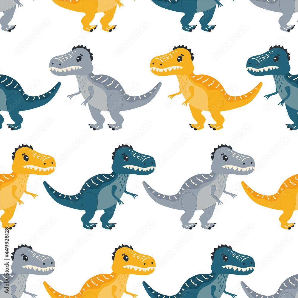 Cute dinosaurs seamless pattern. Vector dinosaurs isolated on white background in simple childish hand-drawn style in trendy colors. Design for children's clothing, textiles, fabrics, bed linen. Cute dinosaurs seamless pattern. Vector dinosaurs isolated on white background in simple childish hand-drawn style in trendy colors. Design for children's clothing, textiles, fabrics, bed linen.