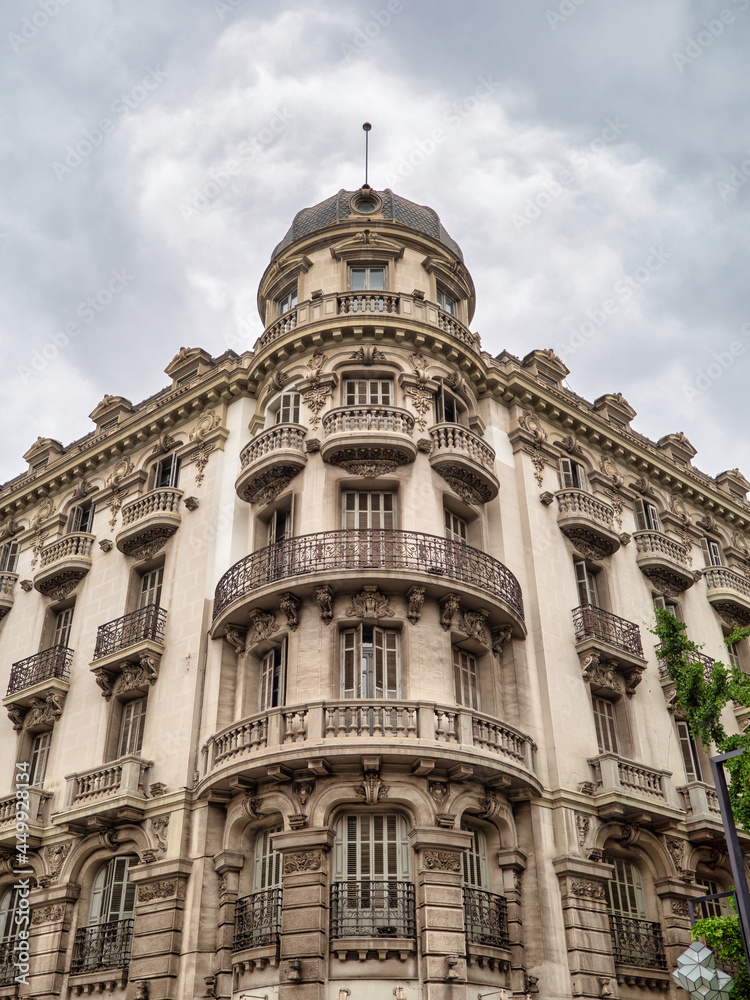 Granada, Spain - June 5, 2021: Antiguo Hotel Colón. It's a corner building located between Gran Vía street and Reyes Católicos street. It was built in 1908 by the architect Francisco Giménez Arévalo.