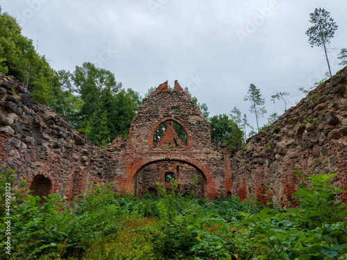 collapsed church bombed during the war in Latvia
