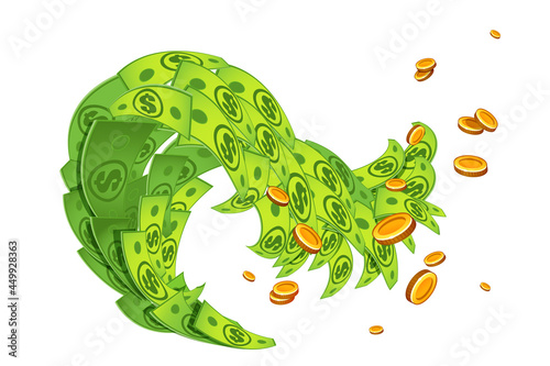 Wave made of dollars banknotes and coins. Conceptual finance vector illustration, isolated