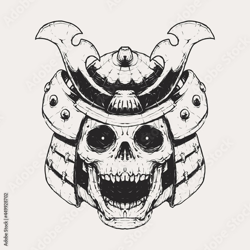 Vintage monochrome skull with samurai helmet illustration
