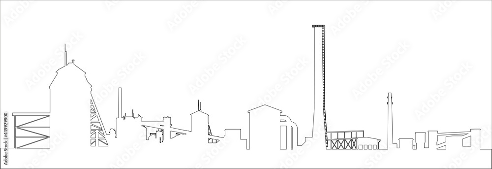 Oil shale processing plant outline isolated on white. Technical buildings and high chimneys. Long factory line. Vector illustration.