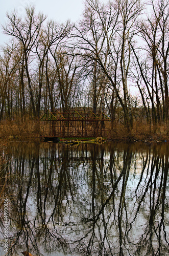 Abandoned ruins skeleton of barge near the shore of lake. Bare trees in the background. Trees reflected in tranquil water. Concept of landscape and nature