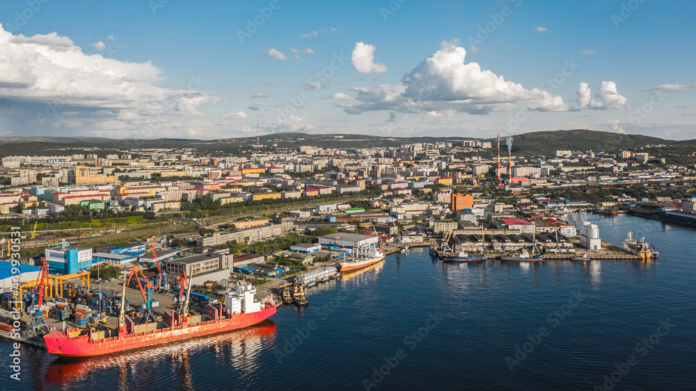 Aerial view of Murmansk in the summer. Murmansk is the world's largest city located beyond the Arctic Circle